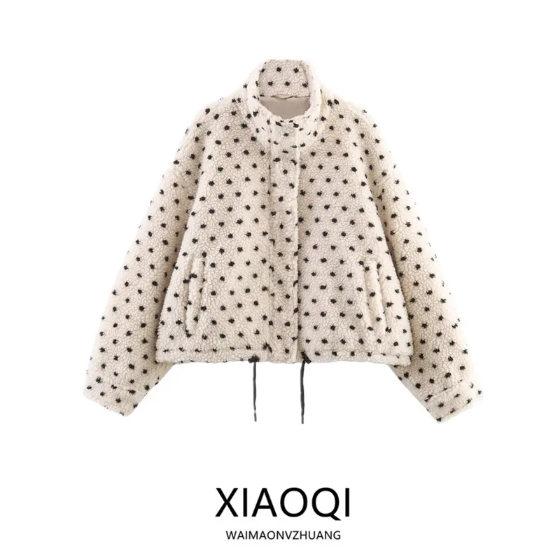

Winter New Arrival Women's Faion Fce Lined Stand Collar Dot Print Jaet Versatile ort Outerwear Ladies' Premium Clothing
