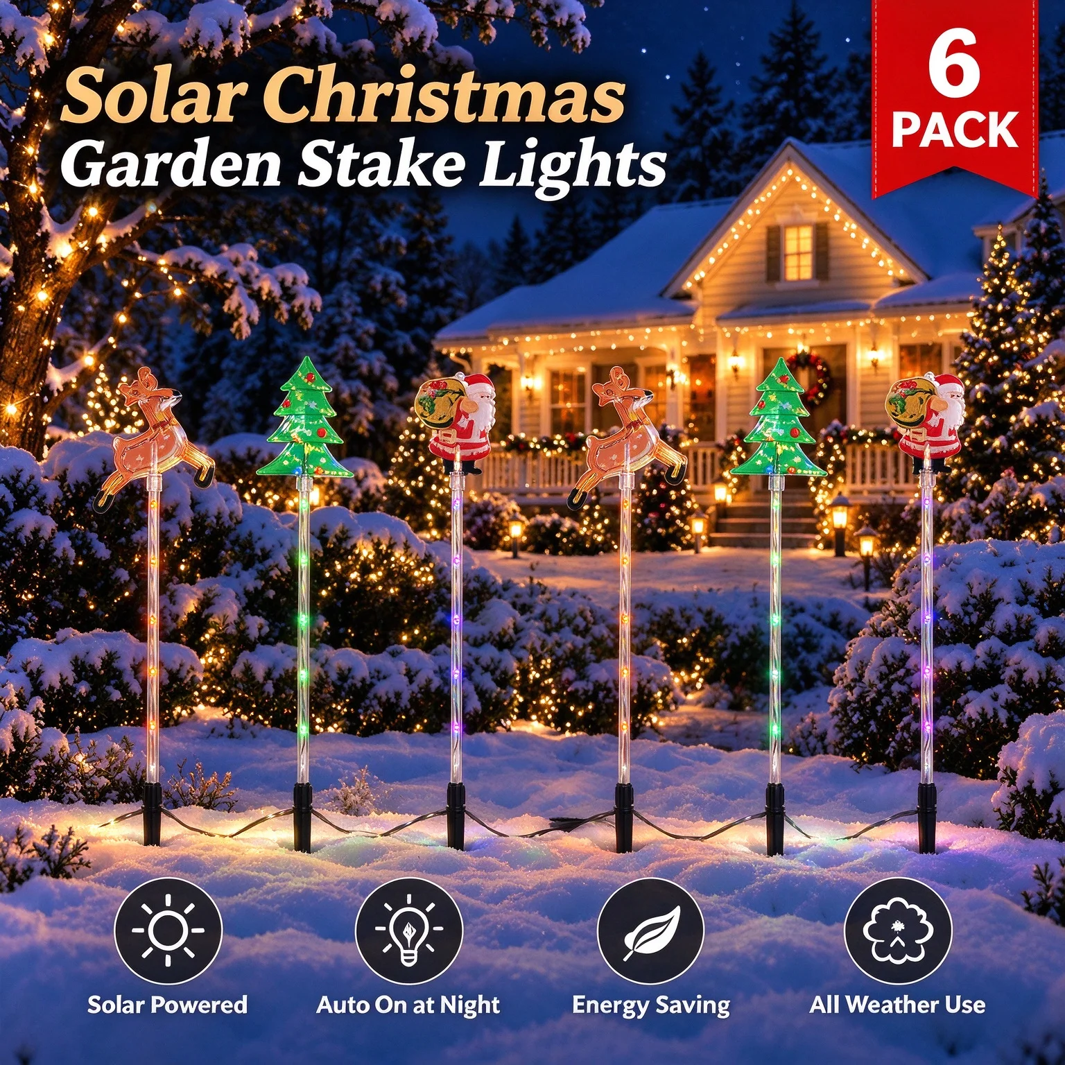 1Set of 6 Solar Christmas Stake Lights Santa Reindeer Christmas Tree LED Pathway Lights For Outdoor Garden Yard Holiday Decor