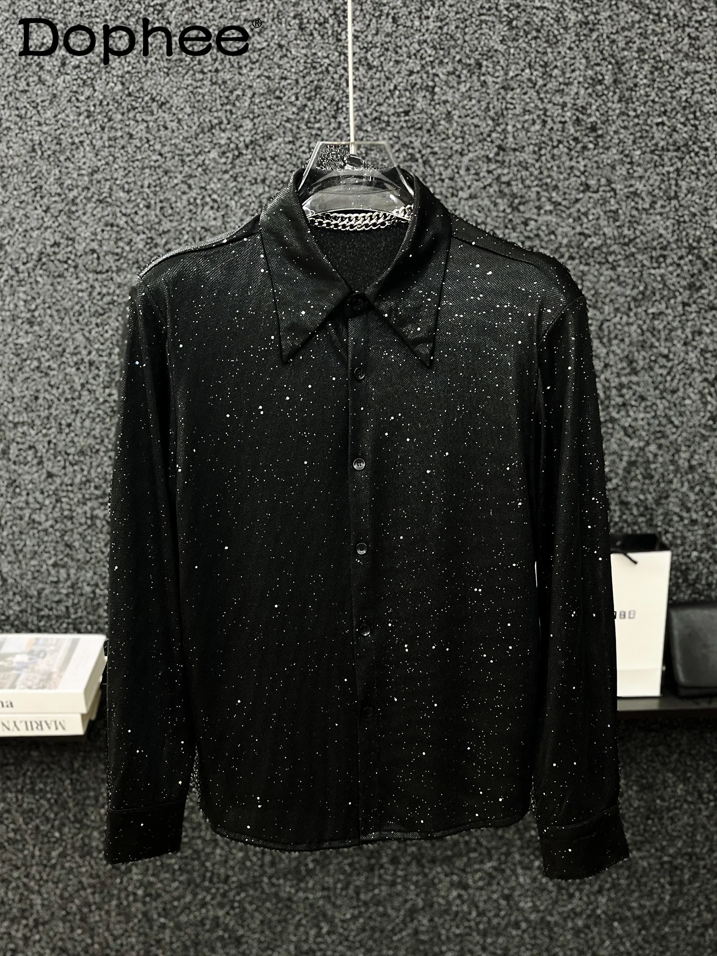 

Korean High-end Heavy Industry Hot Diamond Long-sleeved Shirt Fashionable Trendy Man Handsome Casual Versatile Gypsy Shirt