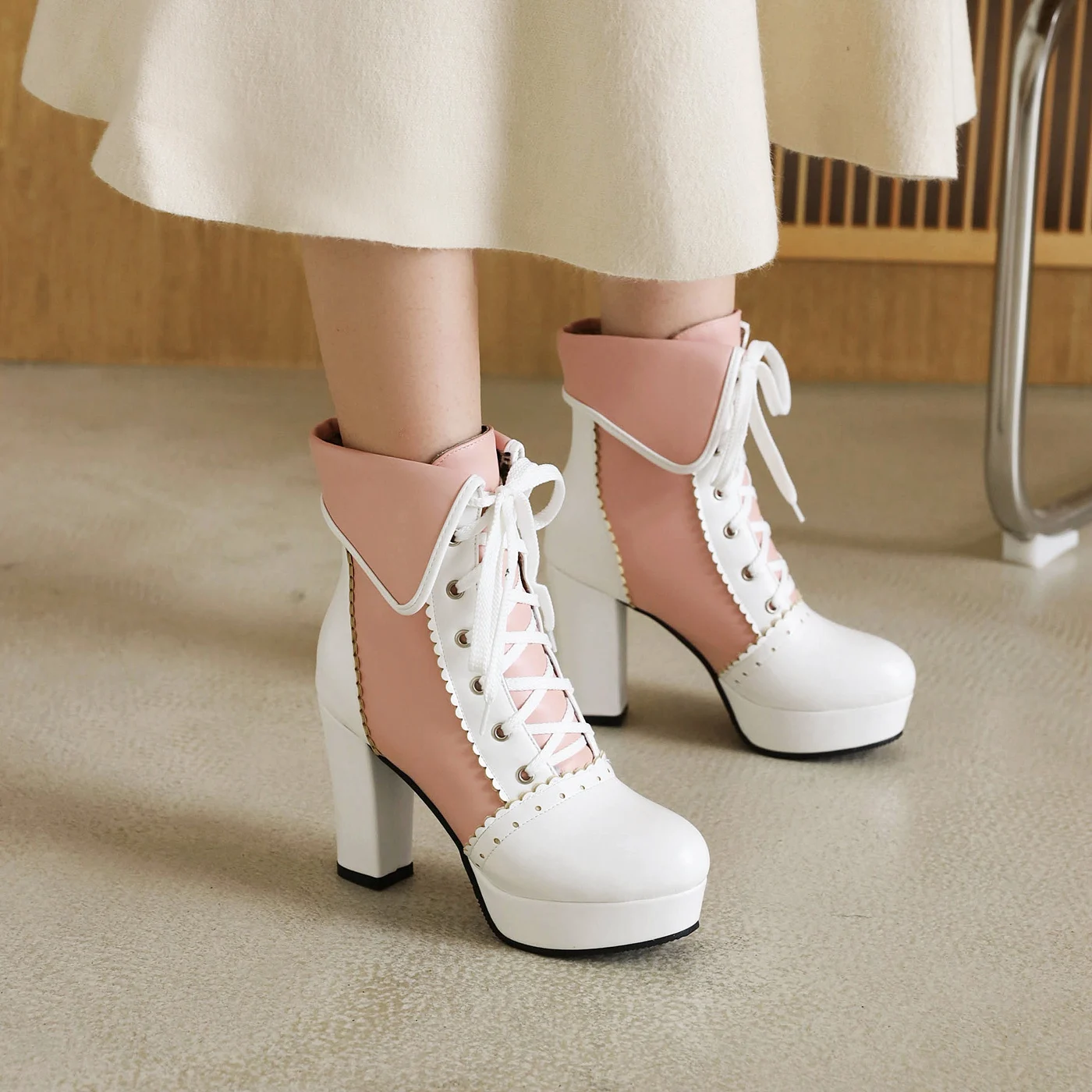 Plus Size Ruffled Edge Color Matching Lolita High Heeled Short Boots Round Toe Super High Thick Heels Women's Ankle Boots