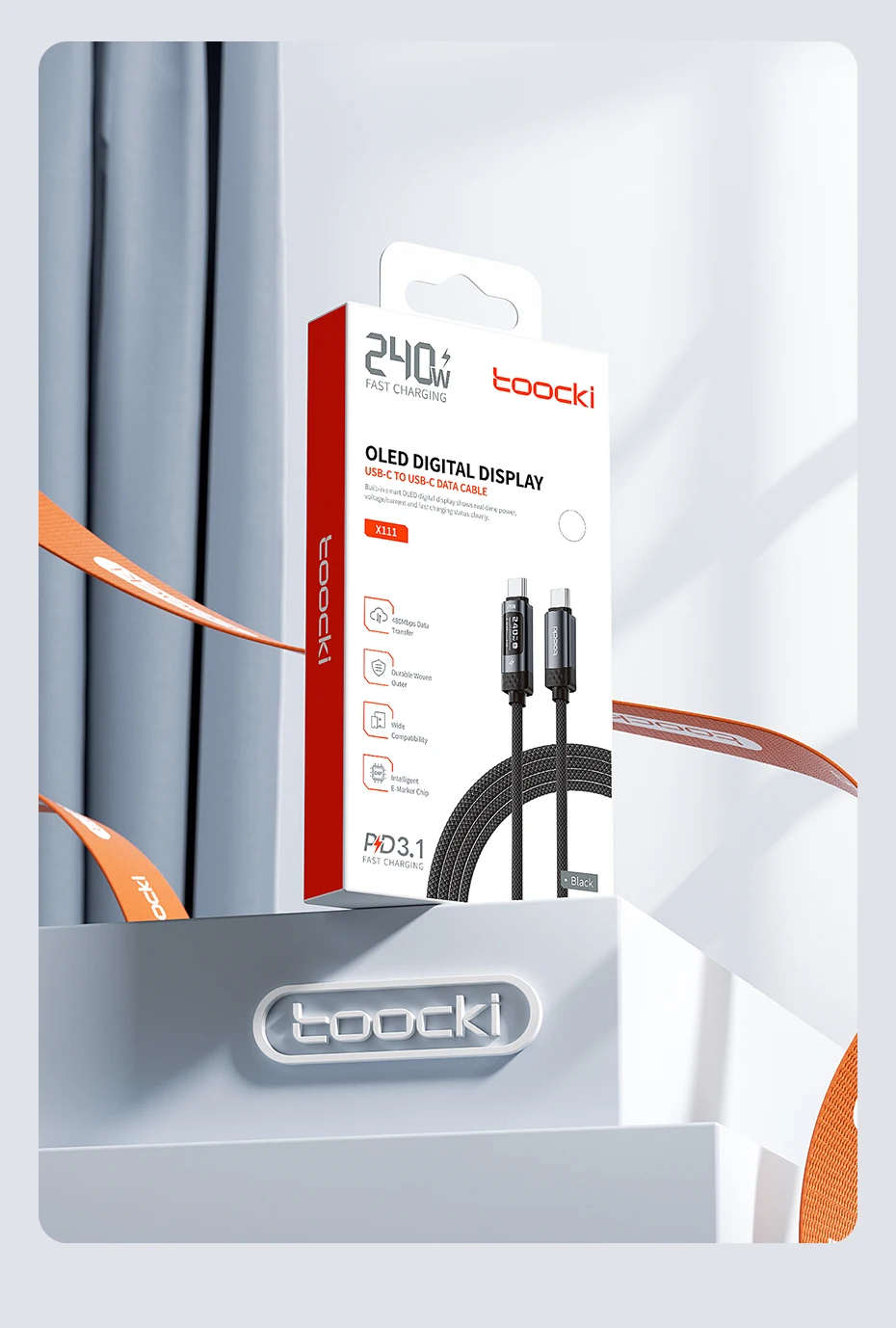 Toocki PD 240W USB-C zu USB-C Kabel 1/2/3 Stück Weiß OLED Digitalanzeige SFC 2.0 Schnellladekabel Typ C für iPhone 17 Samsung – Detail 16