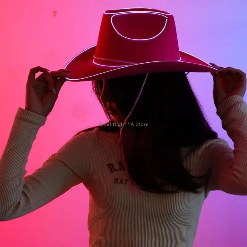 Flashing Pink Cap Wide Brim LED Cowgirl Hat Night Club Costume Hat Party