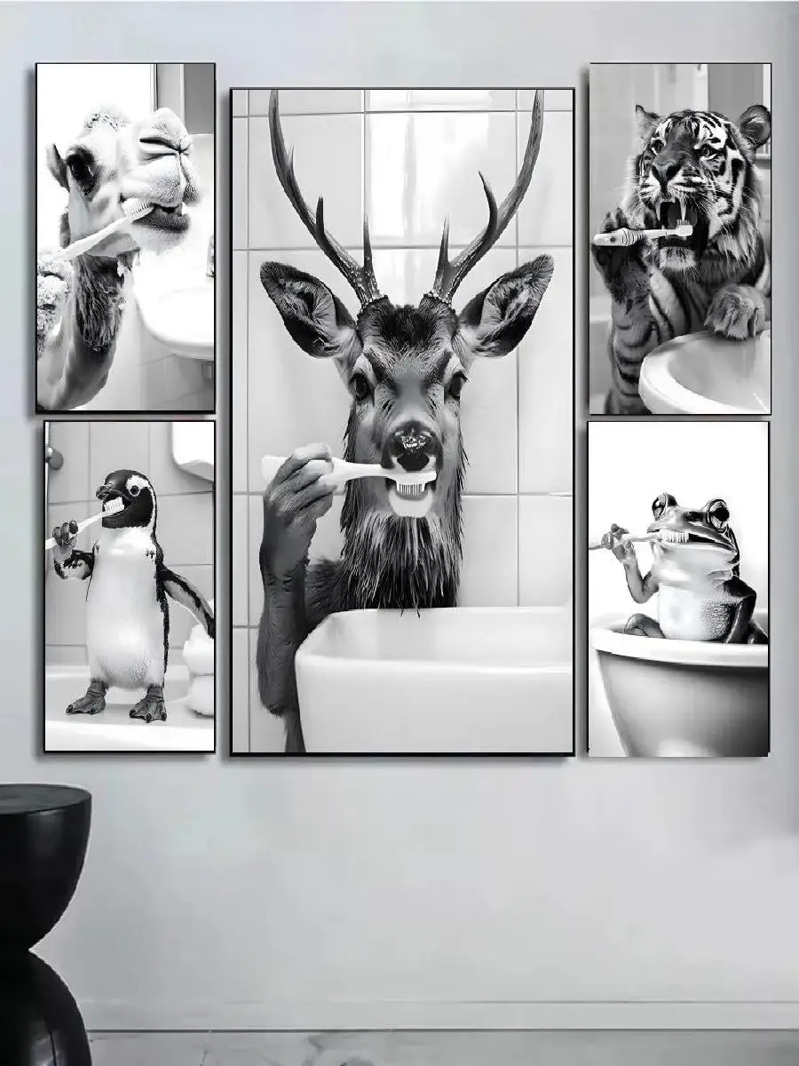 Black and White Funny Teeth Brushing Bathroom Poster  SelfAdhesive Waterproof Wall Sticker Art for Room Decor