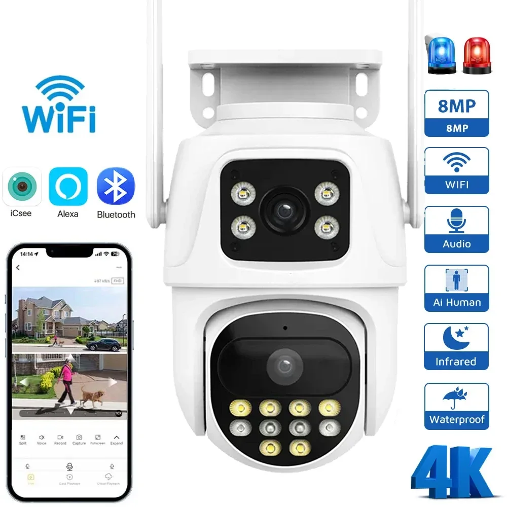 

Wifi PTZ Surveillance Camera IP Dual Lens 2K 4MP Outdoor Auto Tracking Night Vision Security Protection ICsee Onvif CCTV