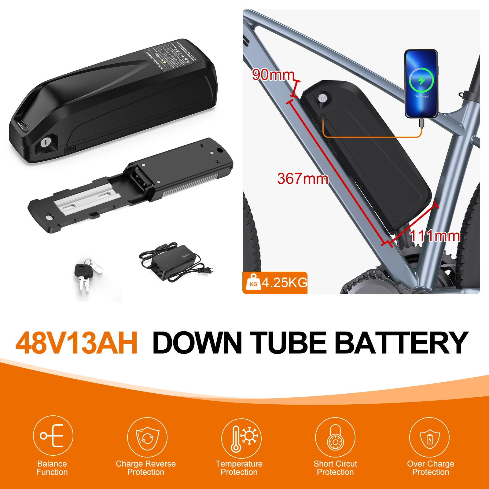 Varstrom Lithium E-Bike Batterij 36V 48V 52V 13Ah 17.5Ah 19.2Ah 20Ah DownTube/bagagerek Batterij voor BAFANG Motor 250W-1500W