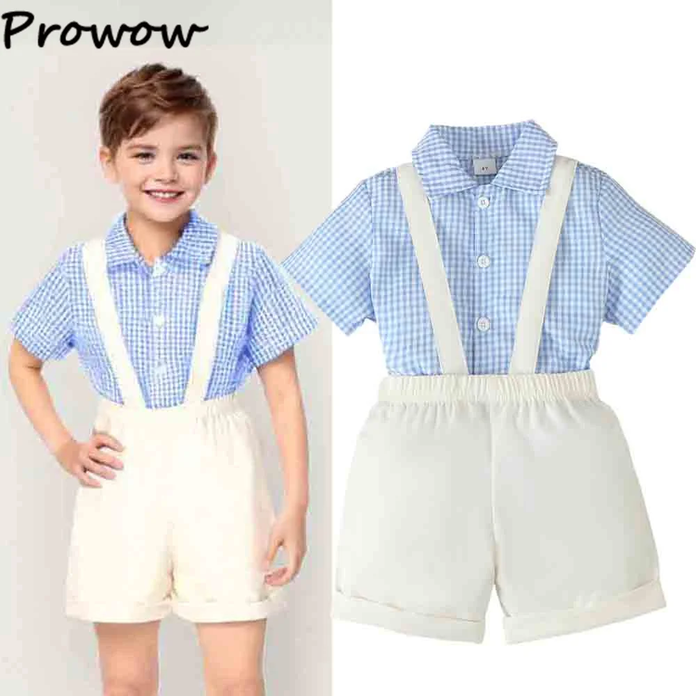 Niedriger Preis Günstige Kinder Sommer Kleidung Jungen Outfits Set Kurzarm Blau Karierten Hemden und Beige Hosenträger Hosen Baby Jungen Sets