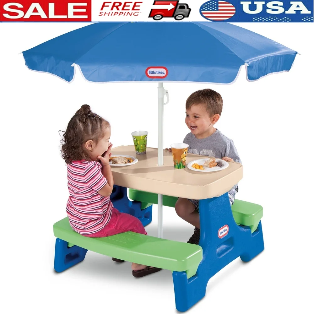 

Outdoor Kids Picnic Table with Umbrella Portable Play Table Toddlers UV Protection Easy Setup Indoor Outdoor Use