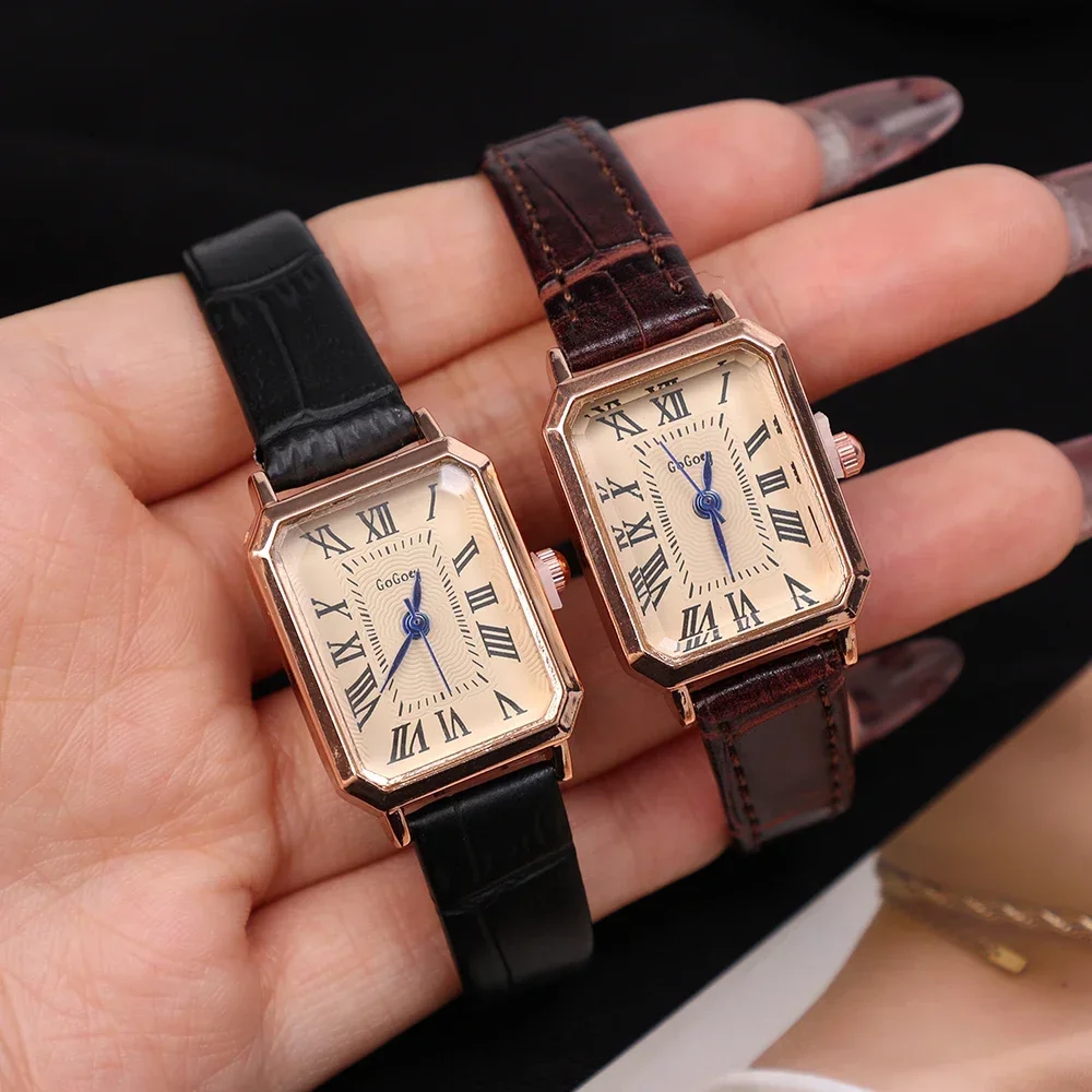 Jam Tangan Kasual Dial Digital Retro Fashion Jam Tangan Kuarsa Kecantikan Tali Kulit Persegi untuk Hadiah Wanita