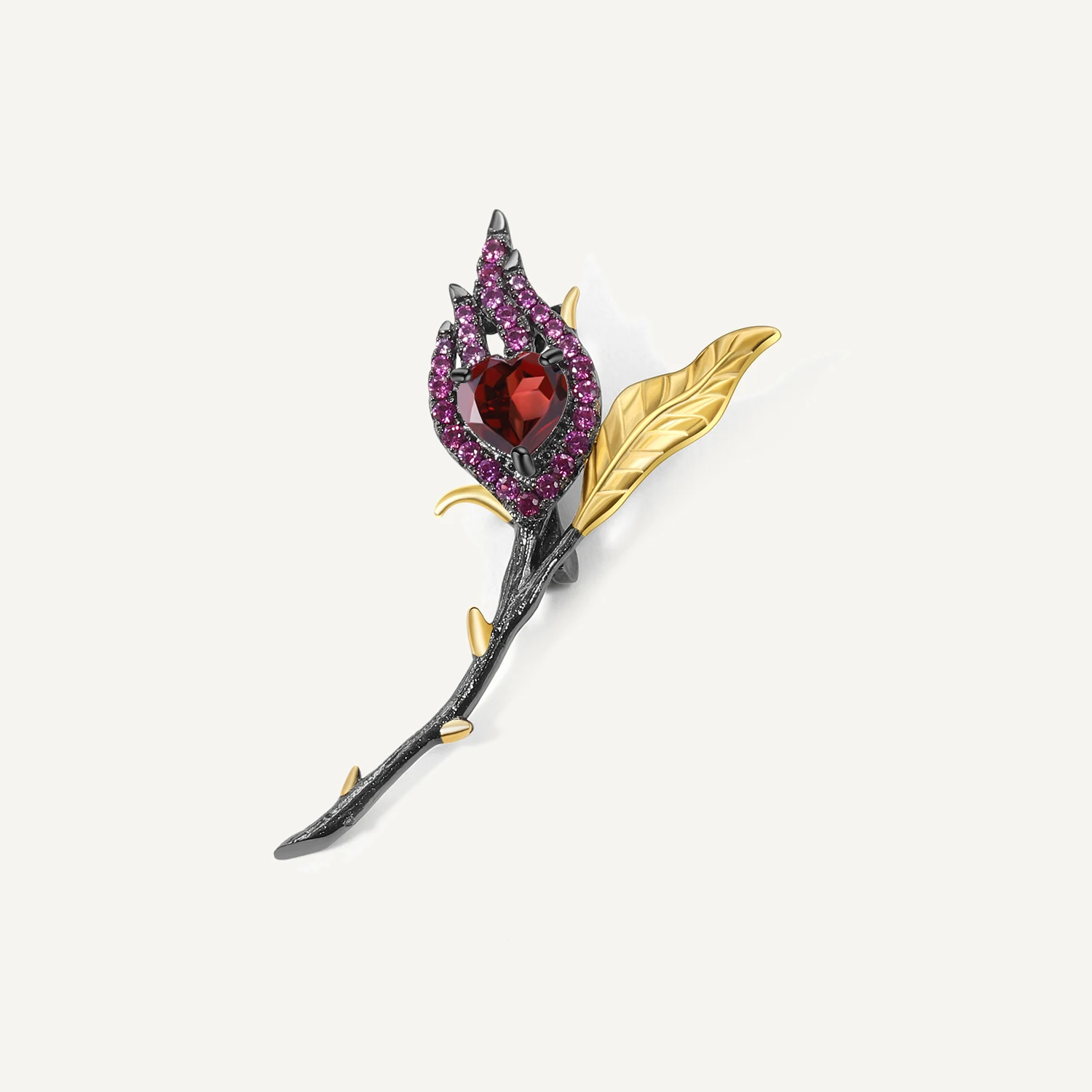 GEM'S BALLET Natural Garnet Gemstone Brooches For Women Jewelry Black &18k Gold Over 925 Silver Handmade Heart Burnt in Love