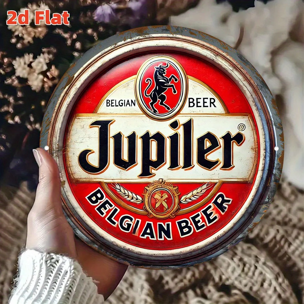 2D Flaches, Vintage Jupiler Bier-Schild - 19,81 cm Runde Aluminium-Metall-Wandkunst mit Rot-Gold-Design, Langlebige Innen-/Außendekoration