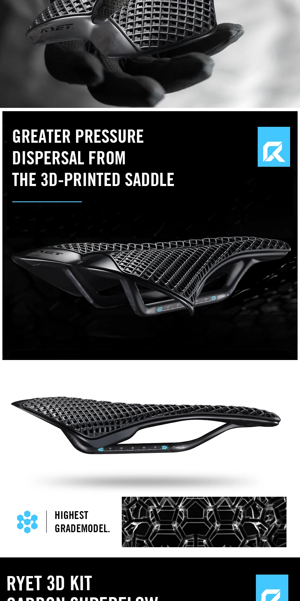 2026 RYET Ultraleichter Carbon-Fahrradsattel VCM 243x147mm für Rennradfahren 3D-Gedruckter Radsitz Sitzkissen Fahrradteile – Detail 7