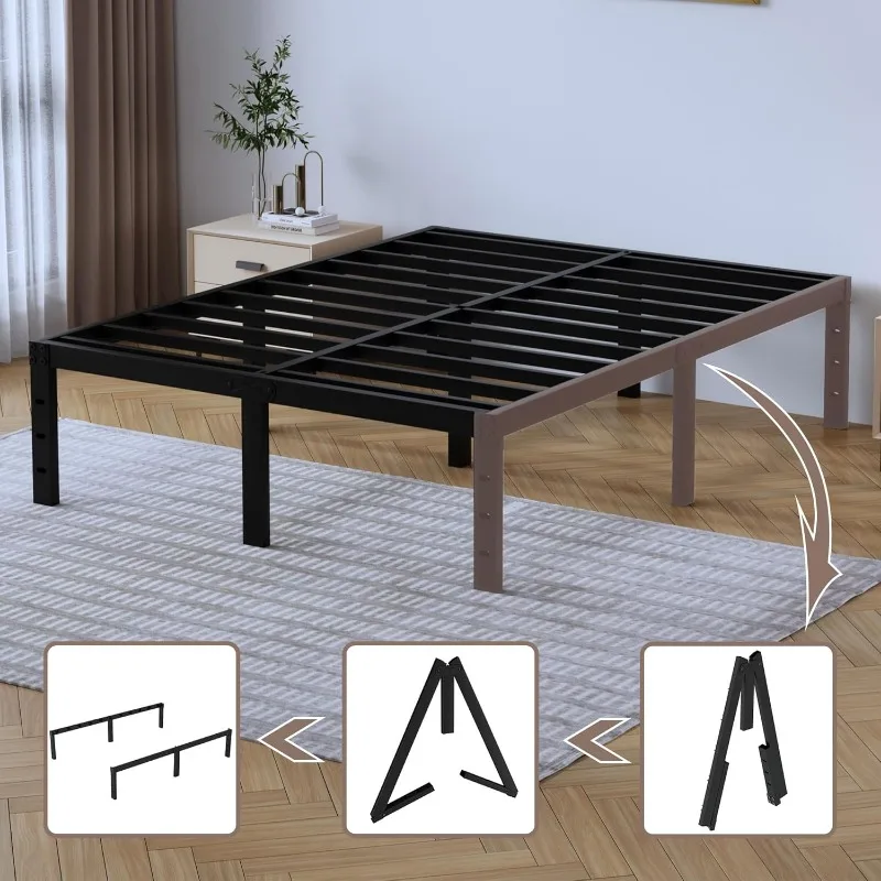 Cadre de lit en métal Queen Size, cadre de lit RapDuty, lattes en acier de base noires, plate-forme, pas besoin de ressort en boîte, 16 po