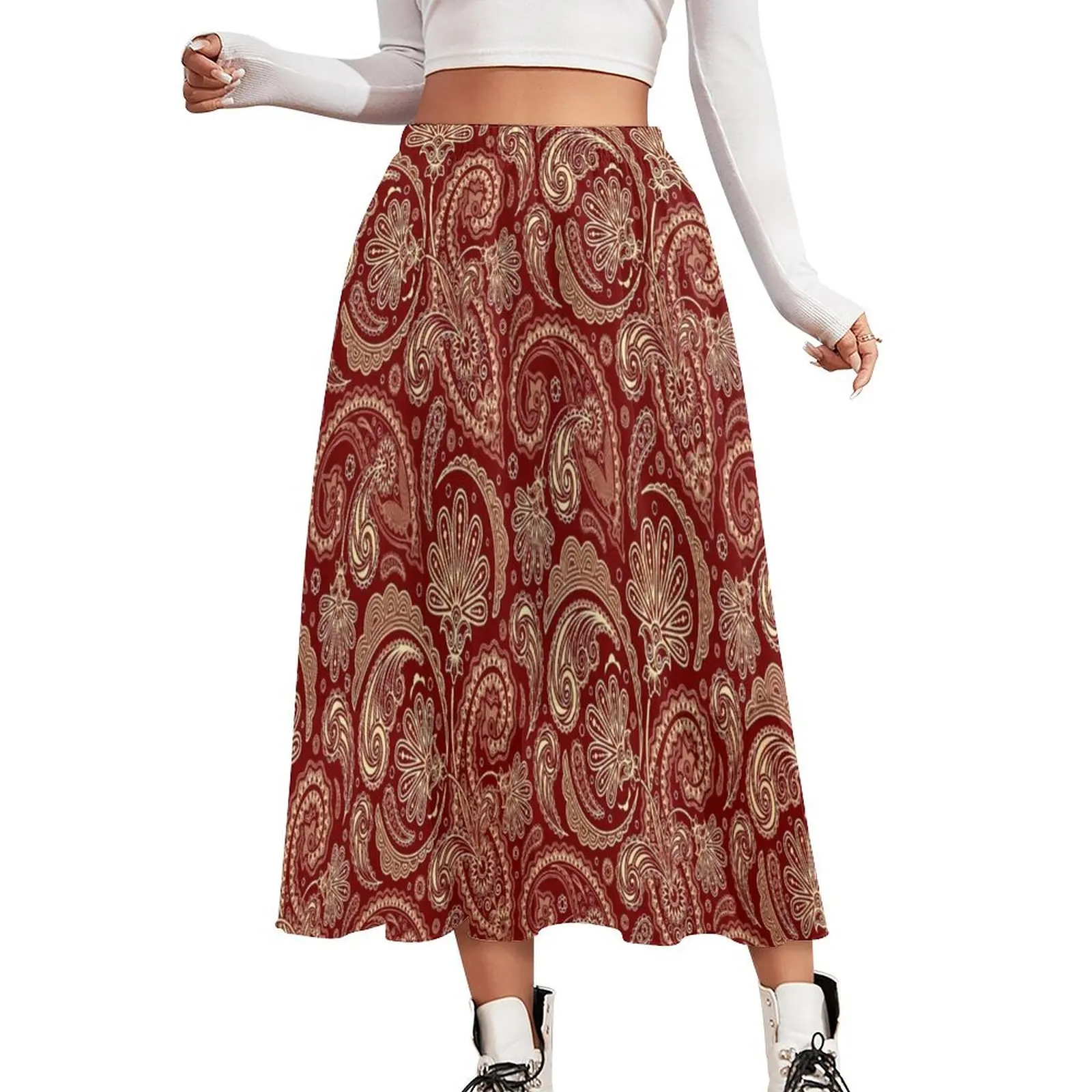 Vintage Paisley Rok Goud en Rood Moderne Boho Rokken Hoge Taille Gedrukt Harajuku A-lijn Rok Groot Formaat