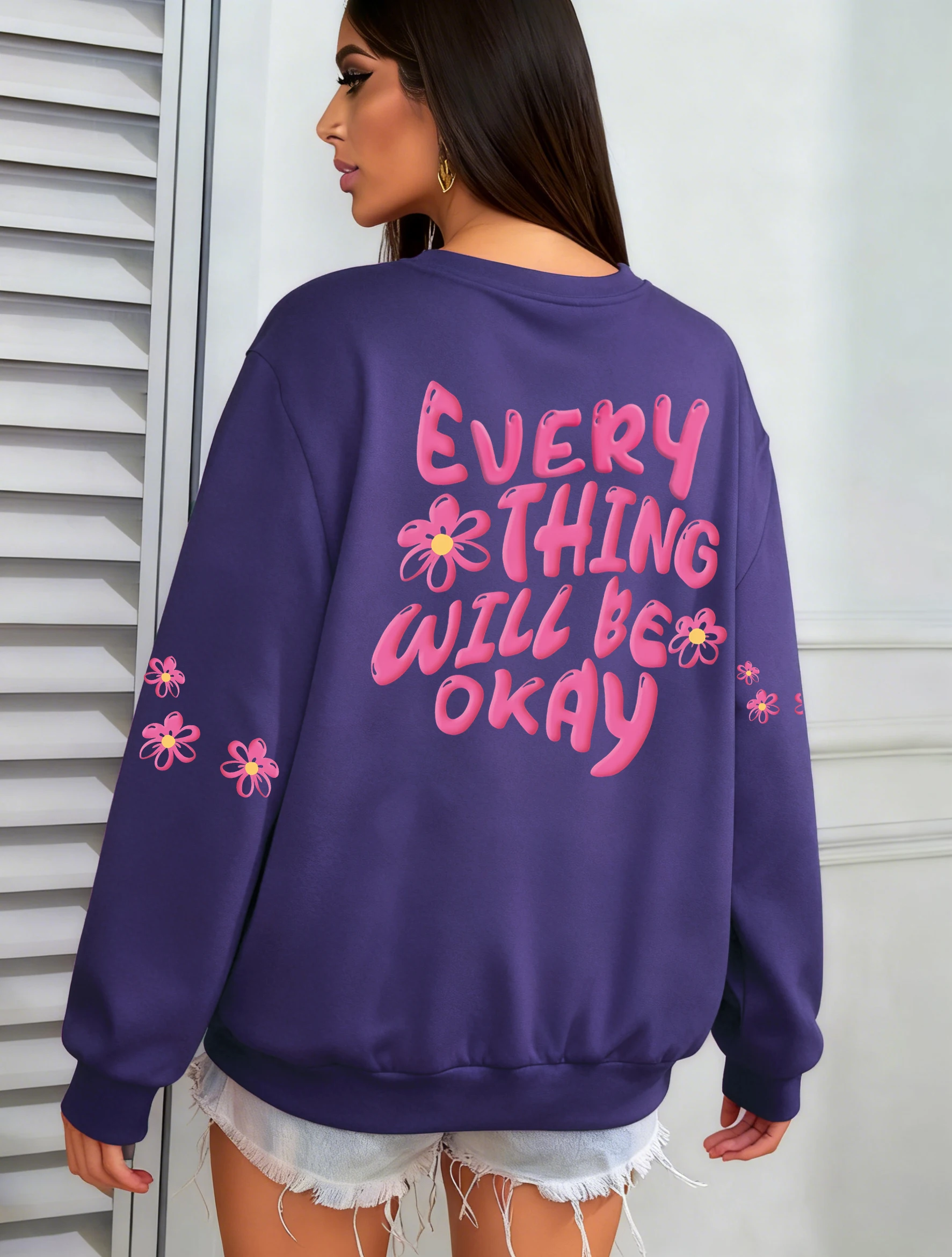 كل شيء Cuill Be Ok إلكتروني تصميم البلوز المرأة الشارع الخريف البلوز فضفاض ملابس رياضية كاجوال Crewneck الصوف الملابس