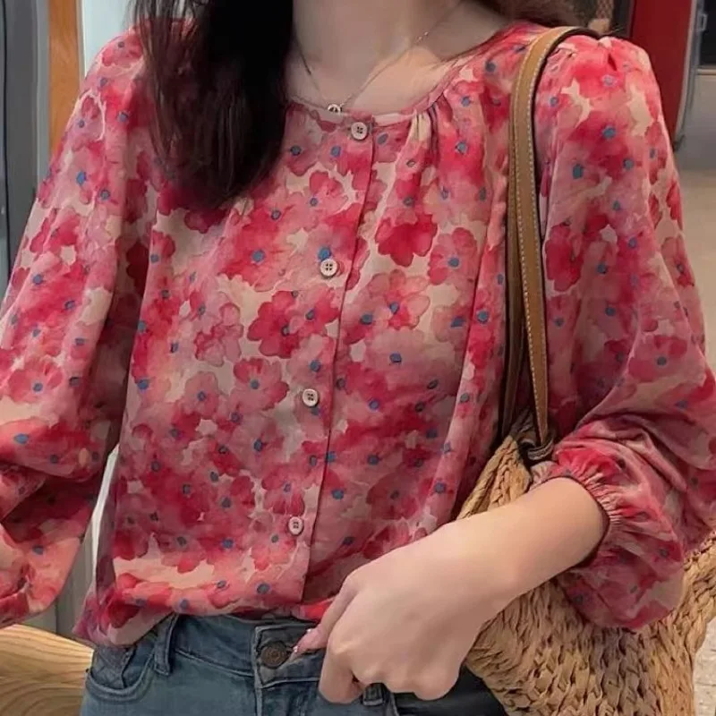 Dark Pink Black BluePopular Blouse Off White Flowers Pattern Print Long Sleeve Round Neck Japanese Korean Style Casual Soft