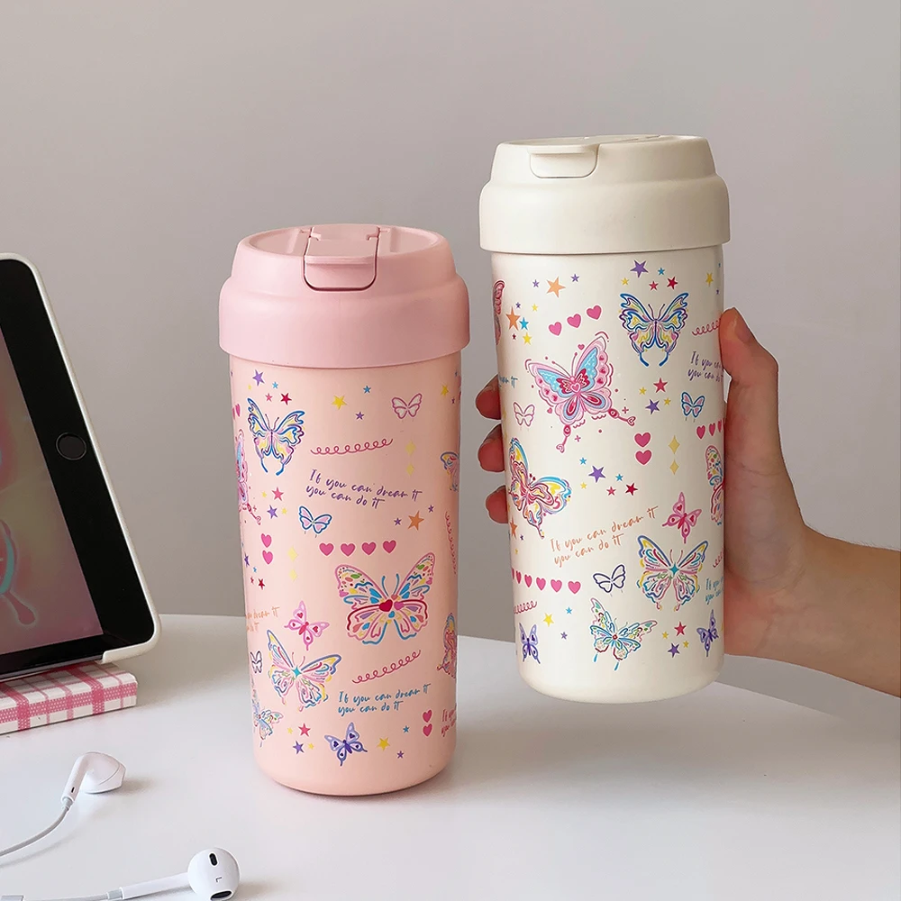 

Kawaii Butterfly Tumbler Coffee Cups Cute Tea Thermos Cup Leak Proof Thermal Stainless Steel Water Bottle With Filter Straw