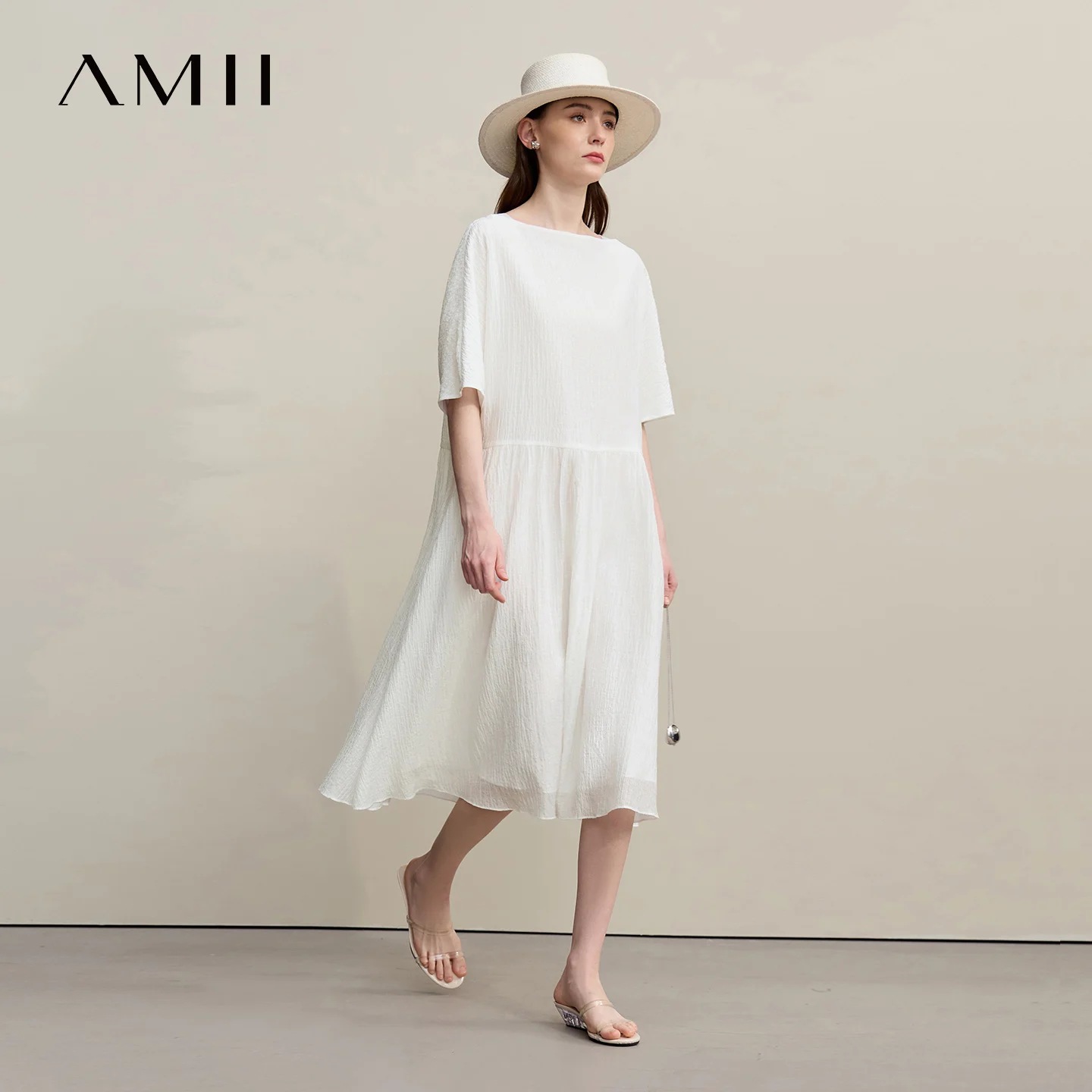 

Amii Women's Dress 2026 Summer New Off-the-shoulder Short Sleeve Casual Loose Fit Holiday A-Line Midi Dress For Women 12652028