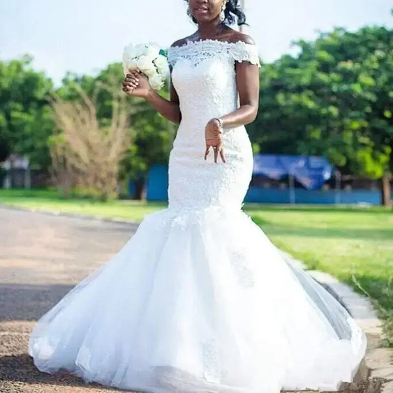 

Customized Black Girl African Wedding Dreses Plus Size Mermaid Off Shoulder Vestidos De Novia Bridal Gown Dubai Sale