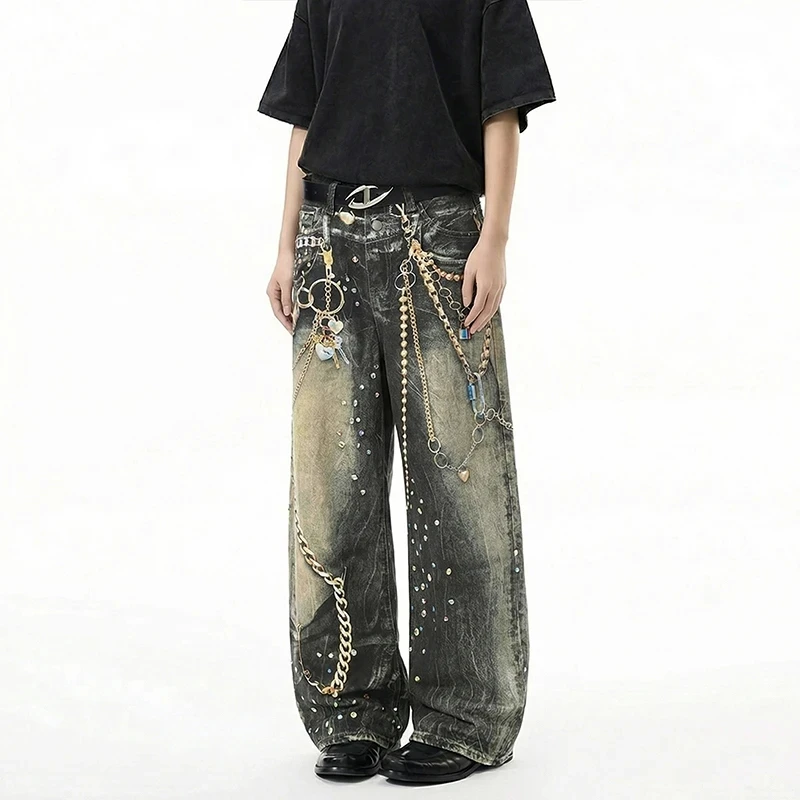 Avant-Garde Men's Jeans Metal Chain Rhinestone Printting Embellished Washed Black Wide Leg Fit Streetwear Pants view 3