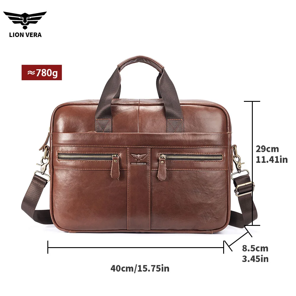 LION VERA Genuine Leather Bussiness Briefcases Black 15.6 inch Office Computer bag for Men luxury handbags Laptop Briefcase Bags