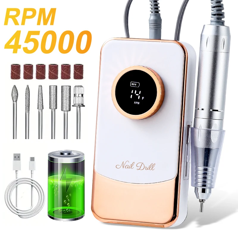 

45000RPM Rechargeable Electric Nail Drill Rig Professional Nail Polishing File Low Noise Polisher for Nail Salon Tools