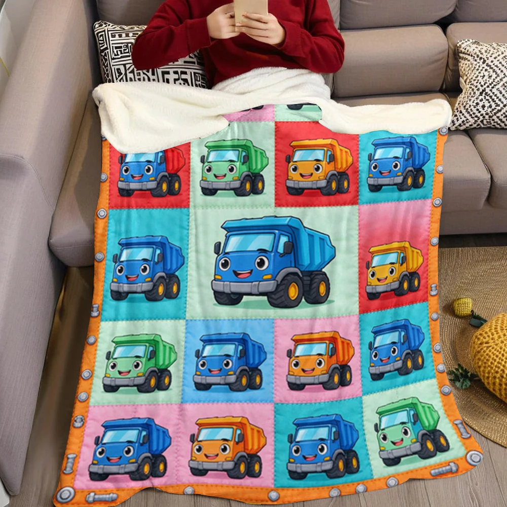 City Vehicles Grid Quilt Flannel Blanket Perfect for Sofa Office Bed Travel Sleep Read Relax Camping Four Season Use