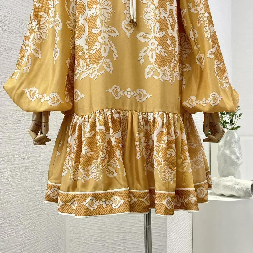 Mini robe froncée à imprimé floral doré pour femmes, manches lanterne, lacets, haute qualité, nouveautés