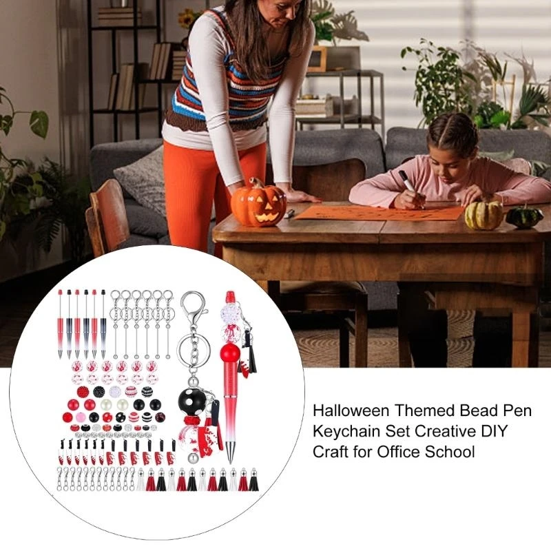 W89C 86pcs Halloween موضوع الديكور القلم وسلسلة مفاتيح قابلة للخرز مجموعة للطفل هالوين هالوين ، مع شرابات جراد البحر