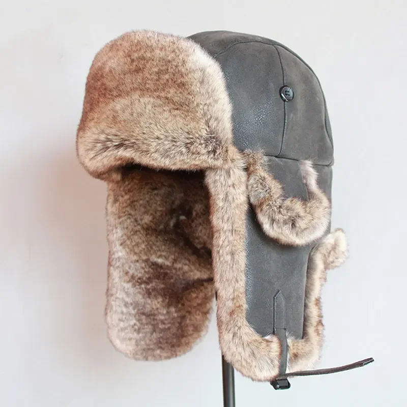 Adult Bomber Hats Winter Men Warm Windproof Russian Ushanka Hat With Ear Flap Pu Leather Fur Man Male Trapper Cap Earflap