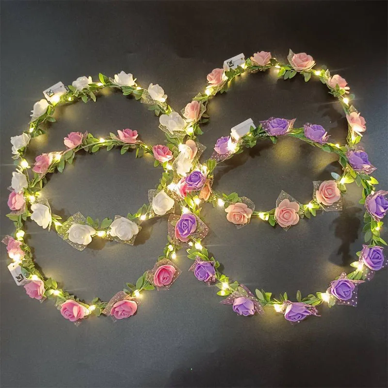 Wedding Rose Crown Flower Headband LED Light Wreath Garland Women Girl Garland Luminous Hairband Christmas Valentine's Day Gifts