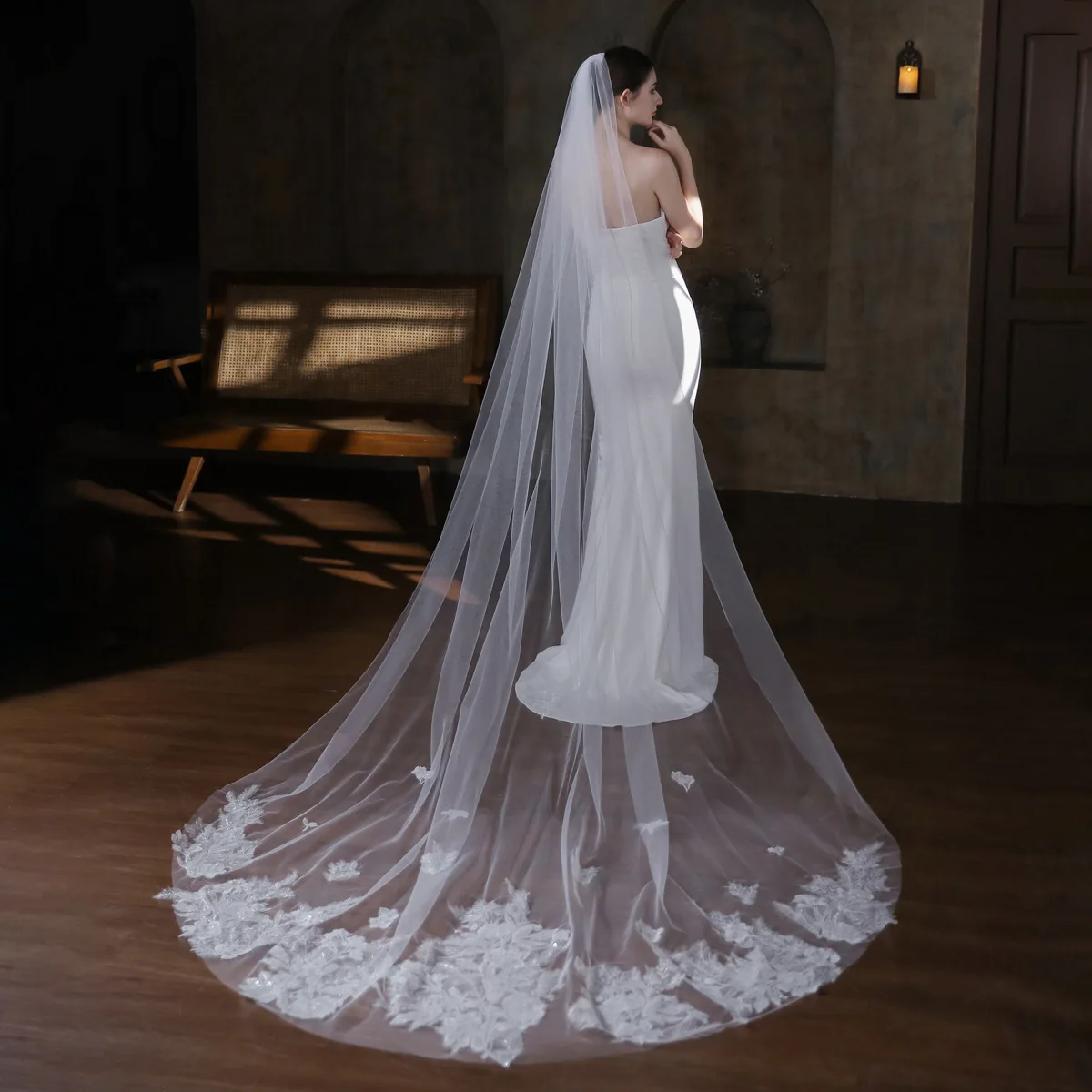 Veli da sposa lunghi da fata Tulle morbido con veli da sposa applicati floreali