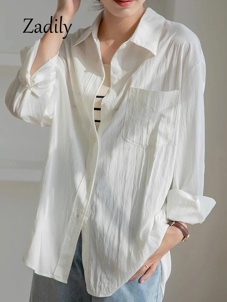 

Zadily 2024 Spring Minimalist Long Sleeve Women White Basic Shirt Office Lady Button Up Loose Work Woman Blouse Female Clothing