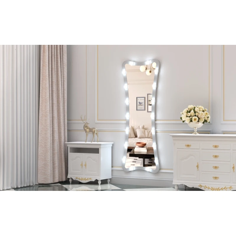 กระจกเงาเต็มตัวฮอลลีวู้ดพร้อมไฟ กระจกโต๊ะเครื่องแป้งเต็มตัวพร้อมโหมดสี 3 สี กระจกตั้งพื้นแบบมีไฟสําหรับการแต่งตัว R