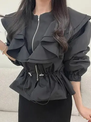 여성용 코트 통근 스타일 한국식 슬림핏 여성용 숏 스타일 여성용 스트링 플리츠 칼라 오픈 카디안 코트 자켓 재킷 코트