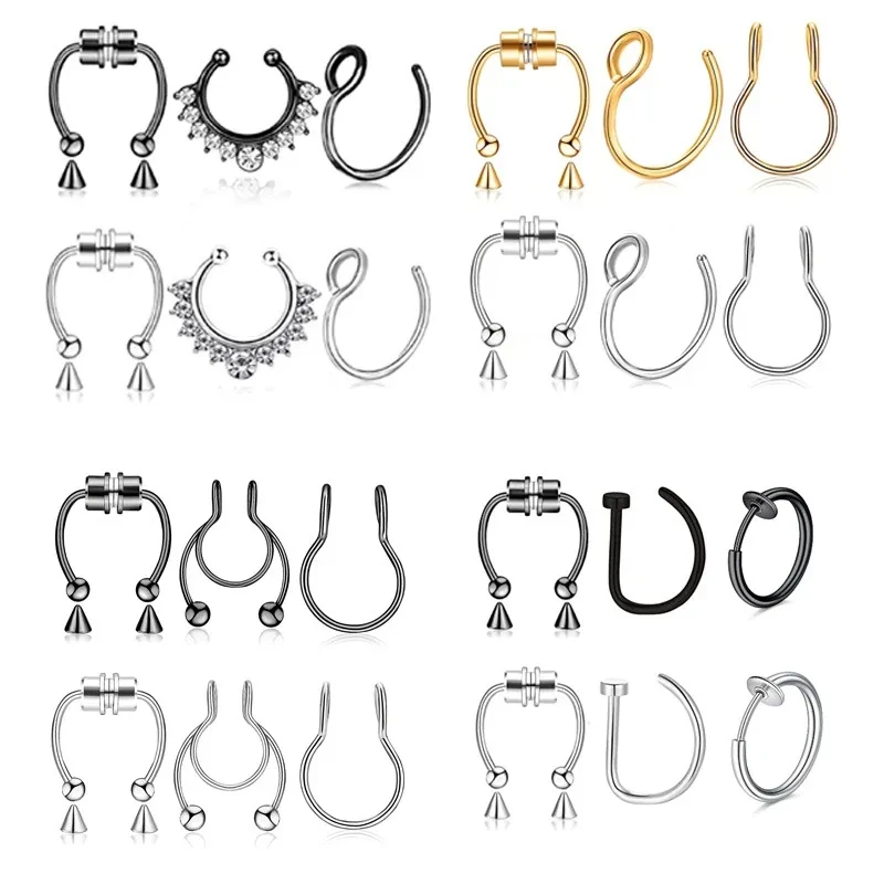 1Pcs Fake Nose Ring Magnetic Septum Ring Fake Nose Ring Hoop Stainless Steel Horseshoe Clip On Nose Ring No-Pierced Septum Ring