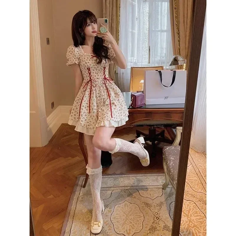 Mini abito coreano con stampa floreale da donna Vintage manica a sbuffo quadrato con lacci a vita alta maxi abito femminile francese dolce Vestido Y2k