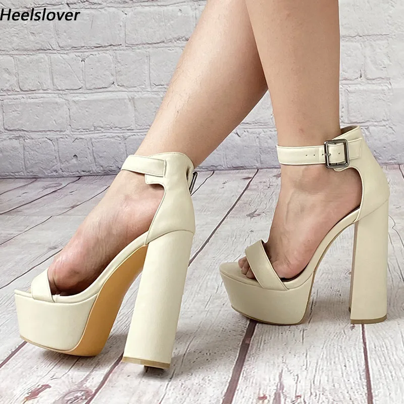 Ahhlsion New Arrival Women Sandals Waterproof Stable Chunky Heels Round Toe Pretty Beige Prom Shoes Ladies Plus US Size 4-14