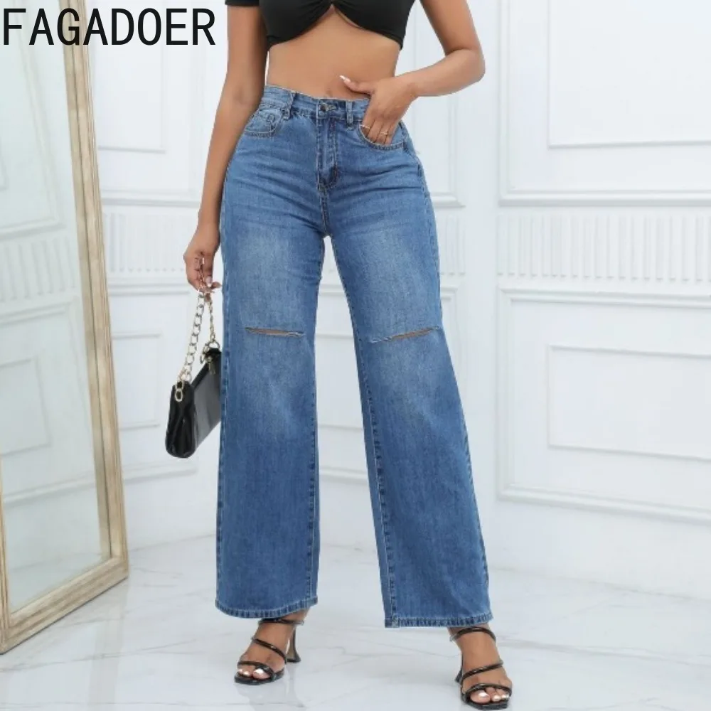 FAGADOER Casual Hole Denim Wide Leg Pants Women High Waisted Button Straight Jean Trousers Female Matching Cowboy Bottoms 2023