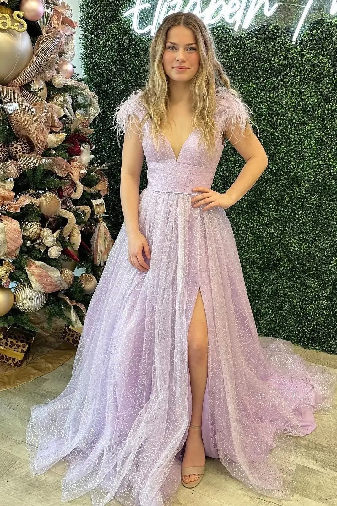 

V Neck Sequin Feather Shoulder Ball Gown A Line Slit Back Zip Large Size High Waist Floor Length Formal Wedding Dresses