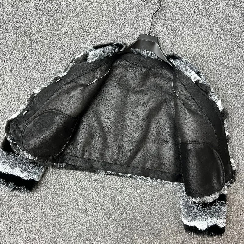 2025 Autumn Winter New Faux Fur Coat For Women's Black And White Striped Short Thickened Warm Long-sleeves Woolen Jacket Outwear