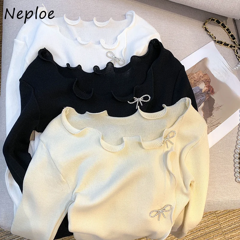 Neploe Autumn Vintage Women Clothing Pull Femme O Neck Wave Solid Color Long Sleeve Jumpers Bowknot Knitted Pullover Sweaters