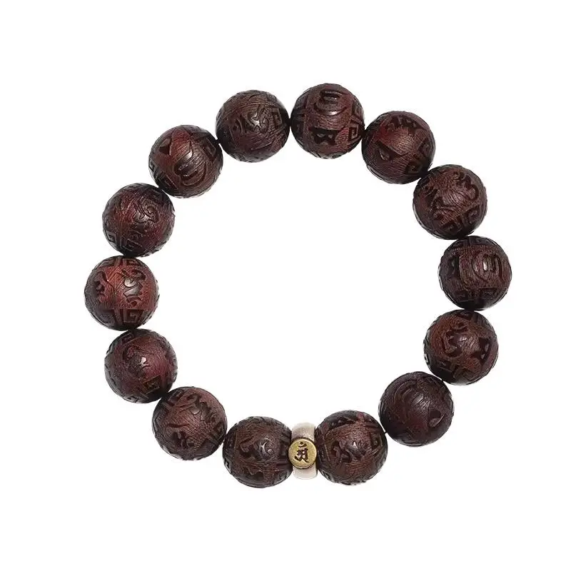 Red Sandalwood Bracelet with Six Syllable Mantra and Zodiac Buddha for Men and Women Wooden Prayer Beads for Meditation Gifts