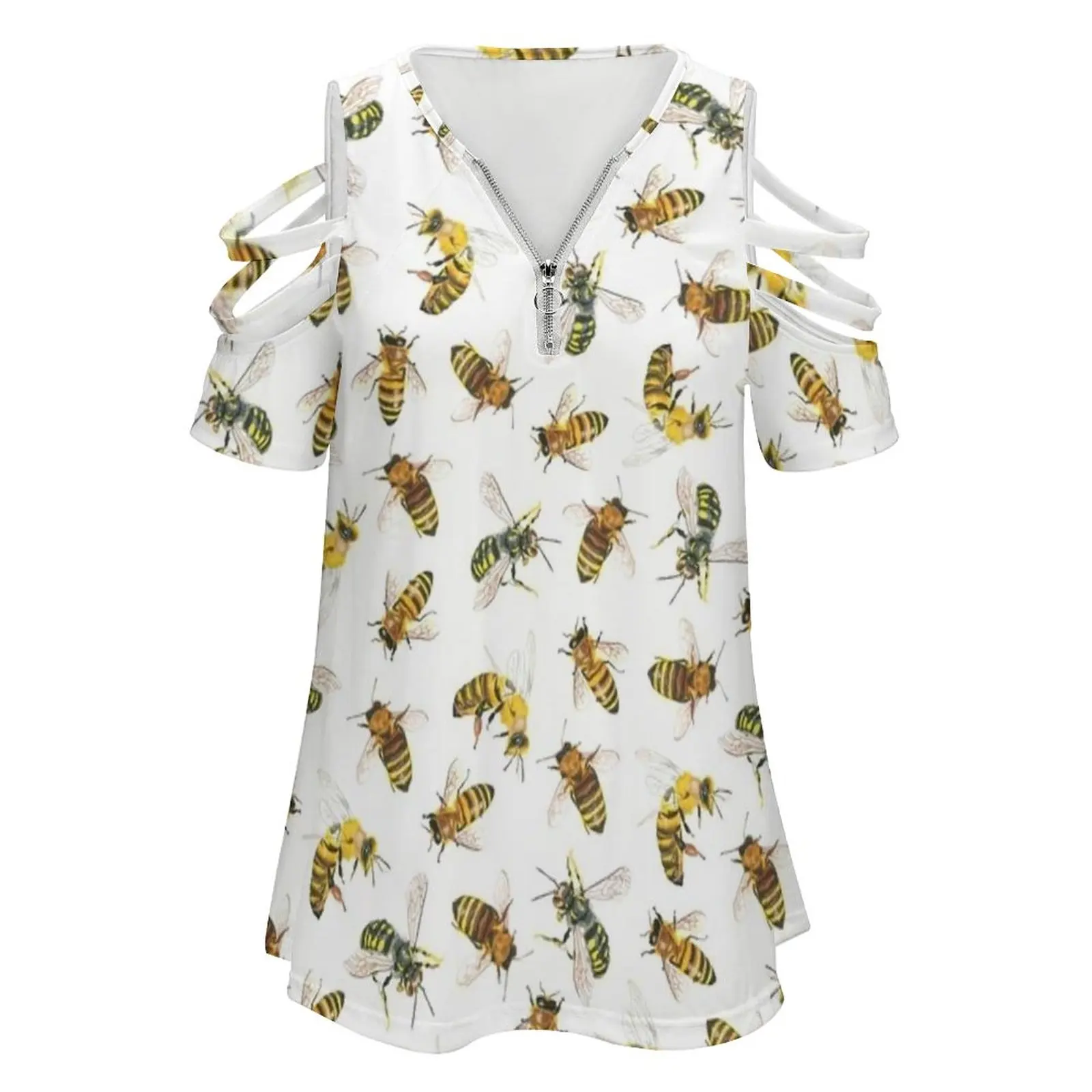 Honey To The Bee ( White ) New Fashion Zip Off Shoulder Top Short-Sleeve Women Shirt Bees Honey Bee Garden Spring Nature