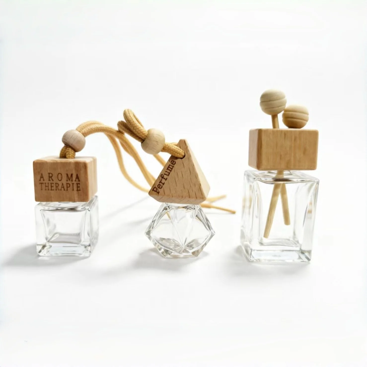 3Pcs Car Perfume Refillable Bottle Empty Glass Bottle with Wooden Cap Square Irregular Shape Car Air Freshener Pendant Hanging
