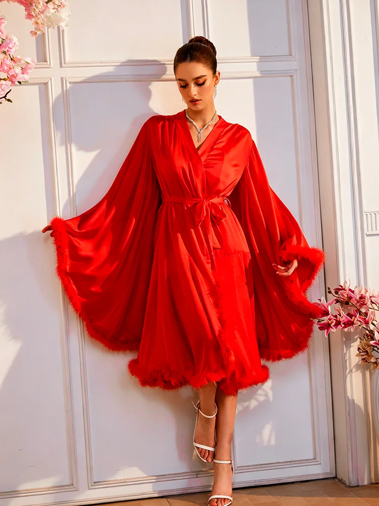 Luxury Satin Plush Trim Robe Women's V-Neck Flared Sleeve Belted Bridal Dressing Gown Loose Kimono Nightwear Bathrobe Nightgown