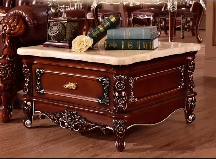 

Luxury European natural marble square table, solid wood reddish-brown carved natural marble small coffee table