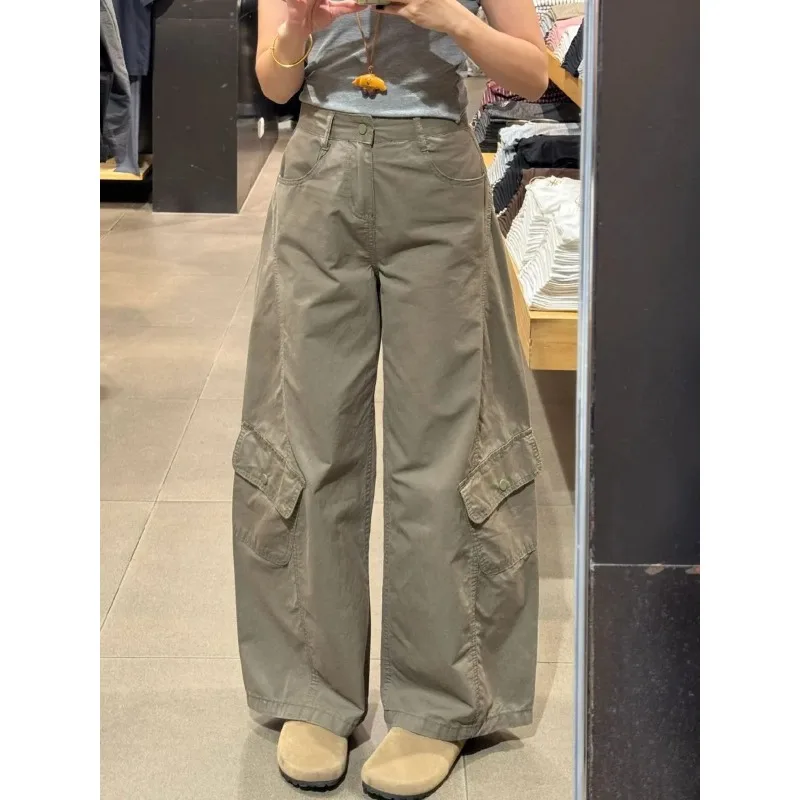 

Women Petite American Retro High Waist Cargo Wide Leg Pants Loose Casual Straight Trousers
