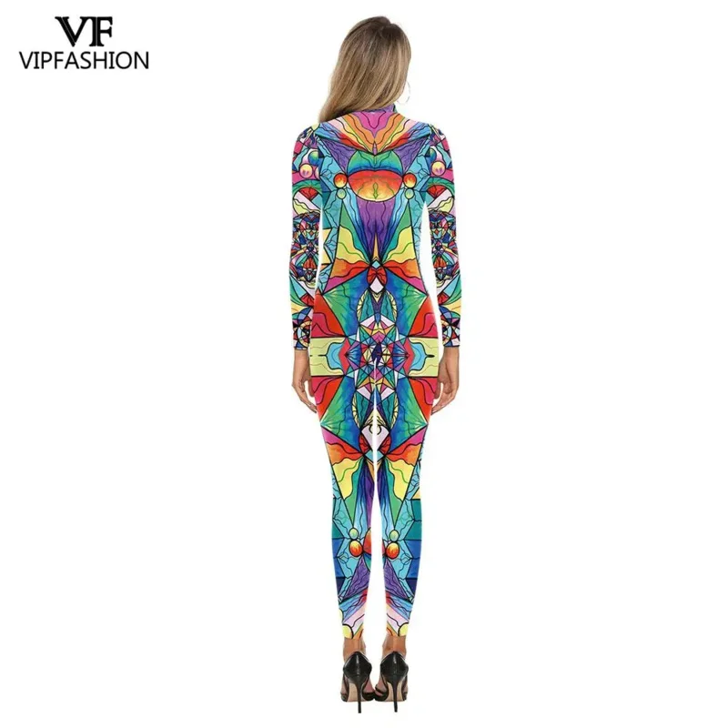 VIP FASHION Women Jumpsuits Ladies Bodysuit Party Sexy Romper Art Print Colorful Costume Burnning Man Festival Outfit Female XC9