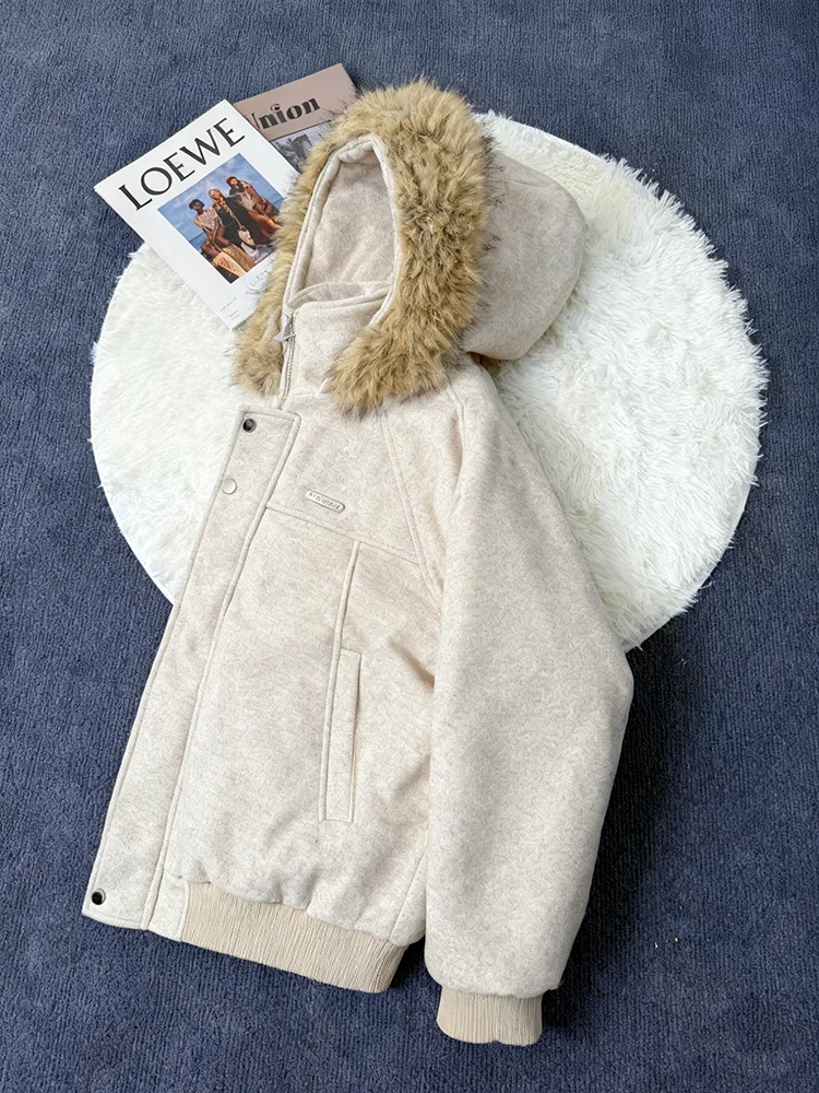 

Зимняя теплая куртка-жакет из хлопка с меховым воротником и капюшоном для мужчин и женщин, с наполнителем из полиэфирного волокна, в американском стиле рабочей одежды.