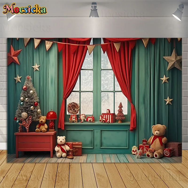 

Christmas Backdrops Photography Toy Bear Window Red Curtain Xmas Decoration Kids Birthday Portrait Photo Background Studio Props